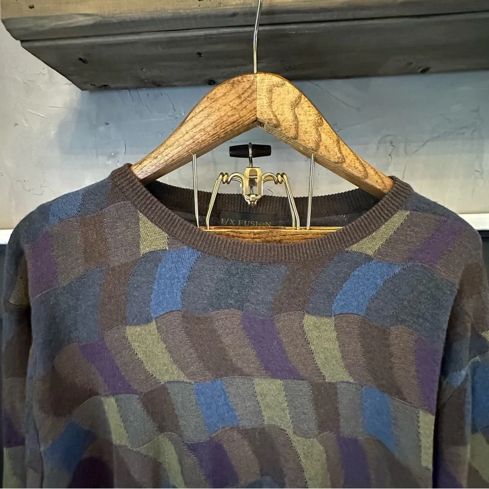 FX Fusion Mens Size XL‎ Multicolor Tan Sweater Round Neck Long Sleeve Bold